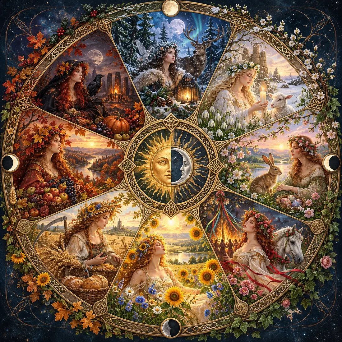Ornate Wheel of the Year with eight painted seasonal sectors and central sun and moon