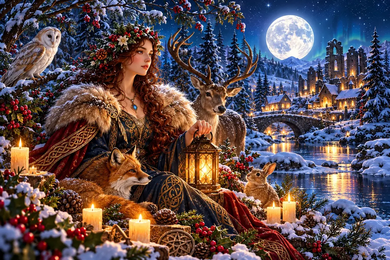 Yule: winter-solstice landscape with a lantern-bearing woman and deer
